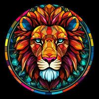 AI generated A View of a Lion Face in a circle of colorful Stained Glass Design photo