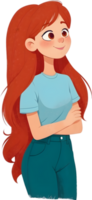 uma desenho animado menina com vermelho cabelo e azul camisa ai generativo png