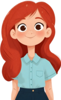 uma desenho animado menina com vermelho cabelo e azul camisa ai generativo png