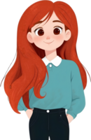 uma desenho animado menina com vermelho cabelo e azul camisa ai generativo png