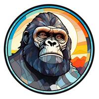AI generated View of a Gorilla Face in a circle of colorful Stained Glass Design photo