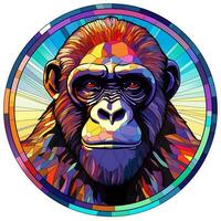 AI generated View of a Gorilla Face in a circle of colorful Stained Glass Design photo