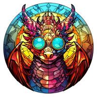 AI generated View of a Dragon Face in a circle of colorful Stained Glass Design photo