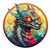 AI generated View of a Dragon Face in a circle of colorful Stained Glass Design photo