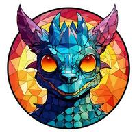 AI generated View of a Dragon Face in a circle of colorful Stained Glass Design photo