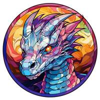AI generated View of a Dragon Face in a circle of colorful Stained Glass Design photo