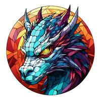 AI generated View of a Dragon Face in a circle of colorful Stained Glass Design photo