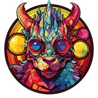 AI generated View of a Dragon Face in a circle of colorful Stained Glass Design photo