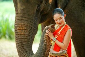 Portrait of Beautiful rural Thai woman wear Thai northern traditional dress for phot shoot with trunk of Asian elephant on blurred background. photo