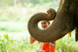 de cerca un hermosa tailandés joven dama con tailandés del Norte tradicional vestir interino y jugar para foto disparar con maletero de asiático elefante en borroso antecedentes.