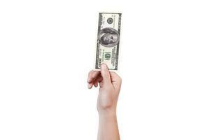 mano abajo muestra dinero 100 dólar factura. dinero en un mano aislado en blanco antecedentes foto