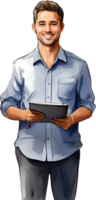 man in suit holding a clipboard and looking at it ai generative png