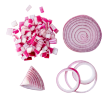 Top view set of red or magenta onion half and slices in several shape isolated with clipping path in png file format