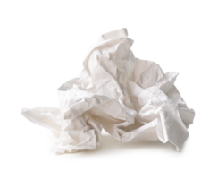 Single white screwed or crumpled tissue paper or napkin in strange shape after use in toilet or restroom isolated with clipping path and shadow in png file format