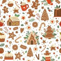 Navidad horneando modelo con pan de jengibre casas, árbol, galletas, caramelo caña. dulce invierno Días festivos postre repetir antecedentes. sabroso vector ilustración para envase papel, fondo de pantalla, paquete diseño.