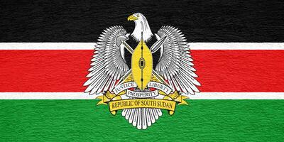 bandera y Saco de brazos de república de sur Sudán en un texturizado antecedentes. concepto collage. foto