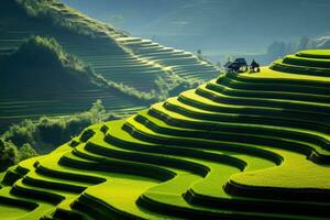 AI generated Rice fields on terraced of Mu Cang Chai, Vietnam, Terraced rice field in harvest season in Mu Cang, AI Generated photo