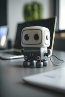 pequeño robot asistente en escritorio en hogar oficina. ai generado foto