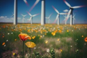 Renewable Energy Wind Farm in Flower Field. AI generated photo