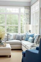 Interior design, living room decor and house improvement, furniture, sofa, home decor, white and blue textiles, country cottage lounge style, generative ai photo