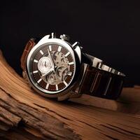 lujo de los hombres reloj comercial concepto prototipo, hecho a la medida diseño en oscuro madera fondo, generativo ai foto