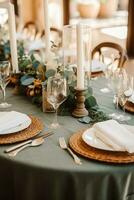 Sage green holiday tablescape, formal dinner table setting, table scape with decoration for wedding party and event celebration, generative ai photo