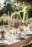 Boda paisaje de mesa, elegante formal cena mesa configuración, mesa bohordo con lavanda decoración para fiesta fiesta evento celebracion, generativo ai foto