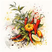 AI generated Watercolor illustration. Kitchen spices. Chili pepper, Jalopeno pepper.ai generated photo