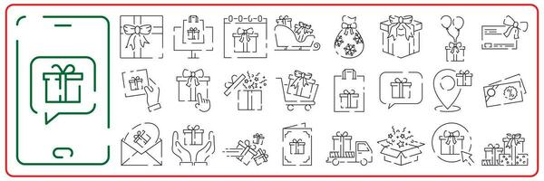 Navidad regalo caja línea íconos colocar, tal como presente, descuento, paquete, precio etiqueta. contento nuevo año vector. vector