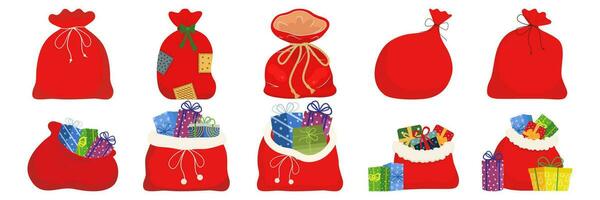 Red sack with Christmas gifts cartoon Santa bags filled with gift boxes on blank background vector illustration Happy New Year.