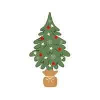 decorado Navidad árbol con regalo cajas, estrellas, luces, decoración pelotas, y lámparas alegre Navidad y un contento nuevo año. plano estilo vector ilustración.