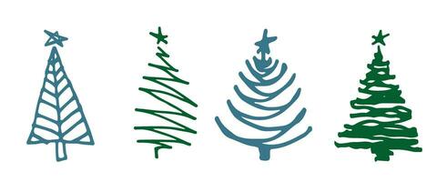 Set of Christmas tree. Sketch hand drawn xmas pattern. Doodle childlike silhouette art. Winter New year holiday firs, decor elements on isolated background. Vector vintage illustration.