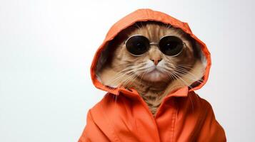 AI generated Funny cat in raincoat and sunglasses isolated on white background. photo