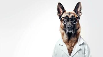 ai generado gracioso gato en impermeable y Gafas de sol aislado en blanco antecedentes. foto