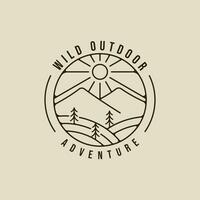 mountain and pine landscape logo line art simple vector illustration template icon graphic design. wild adventure nature outdoors sign or symbol for travel or environment business with badge