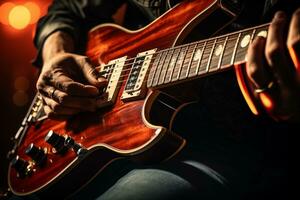 AI generated photography of man fingers pressing strings on an electric guitar photo