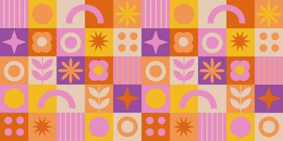 Scandinavian retro botanical pattern. Bright geometric seamless with abstract shape and flower in Bauhaus style. vector
