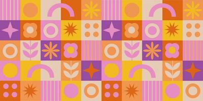 Scandinavian retro botanical pattern. Bright geometric seamless with abstract shape and flower in Bauhaus style. vector