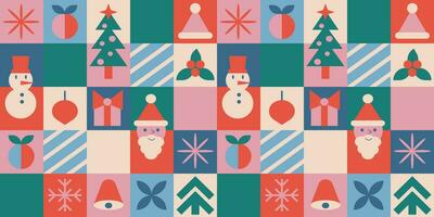 Geometric abstract pattern with santa and christmas tree. Retro seamless with snowflake and toy in modern nordic style. Background with grid vector