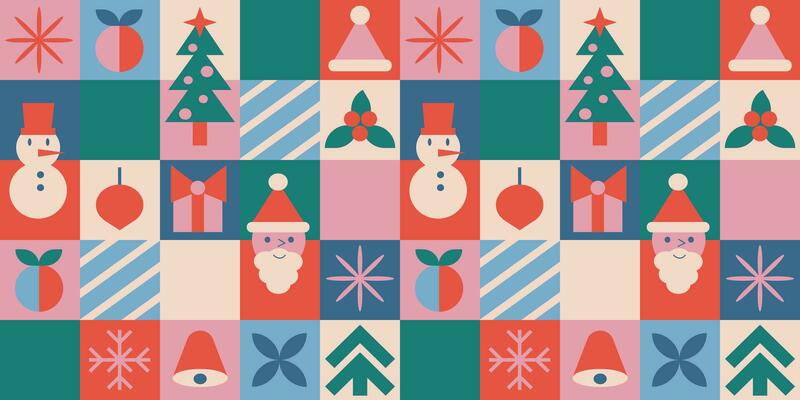 Geometric abstract pattern with santa and christmas tree. Retro seamless with snowflake and toy in modern nordic style. Background with grid