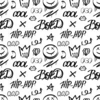 Black graffiti pattern. Abstract seamless with text and emoticon. Background with drawing elements. Seamless urban typography hipster street art vector