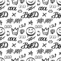 Black graffiti pattern. Abstract seamless with text and emoticon. Background with drawing elements. Seamless urban typography hipster street art vector