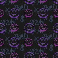 Seamless graffiti emoticon and text. Drawing pattern smiling emoji in outline urban style. Street art. Minimalistic black background vector