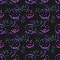 Seamless graffiti emoticon and text. Drawing pattern smiling emoji in outline urban style. Street art. Minimalistic black background vector