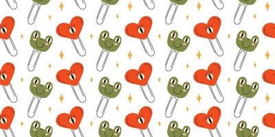 Seamless pattern with childrens paper clips on a white background. paper clip frog. Pattern for wrapping paper print on fabric. Vector stock illustration in hand drawn style.