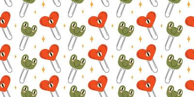 Seamless pattern with childrens paper clips on a white background. paper clip frog. Pattern for wrapping paper print on fabric. Vector stock illustration in hand drawn style.