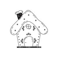 Gingerbread house shaped gingerbread cookies with decorations in doodle style. Childrens coloring page of sweet dessert. Hand drawn vector stock illustration on isolated white background.