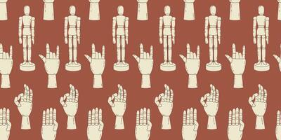 Seamless pattern with wooden mannequin and hand gestures on a brown background. Pattern for wrapping paper print on fabric. Vector stock illustration in hand drawn style.