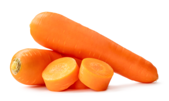 Two fresh orange carrots with slices in stack isolated with clipping path and shadow in png file format Close up of healthy vegetable root