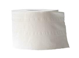 Single roll of white tissue paper or napkin prepared for use in toilet or restroom isolated on white background with clipping path photo